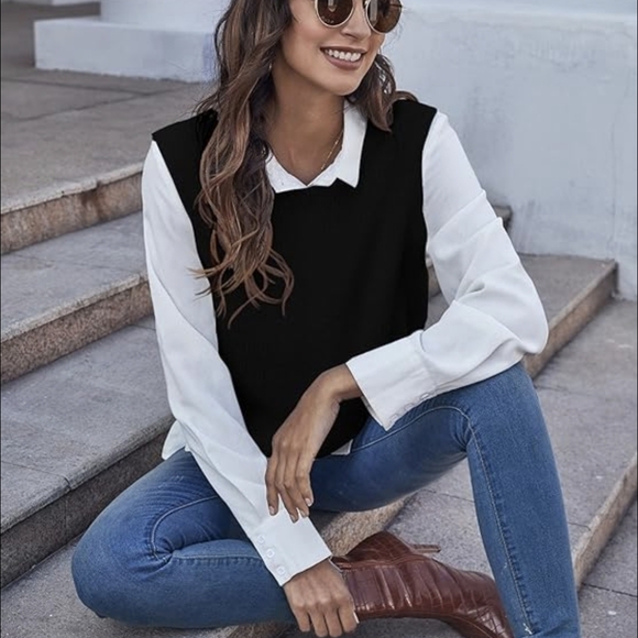 New 2 in 1 Solid Black Ribbed Knit Sweater Vest on White Button up Top. - Picture 1 of 8